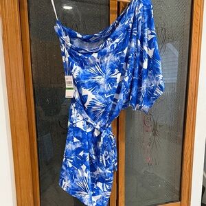 Trina Turk Blue & White One-Shoulder Dress Beach Cover Up NWT